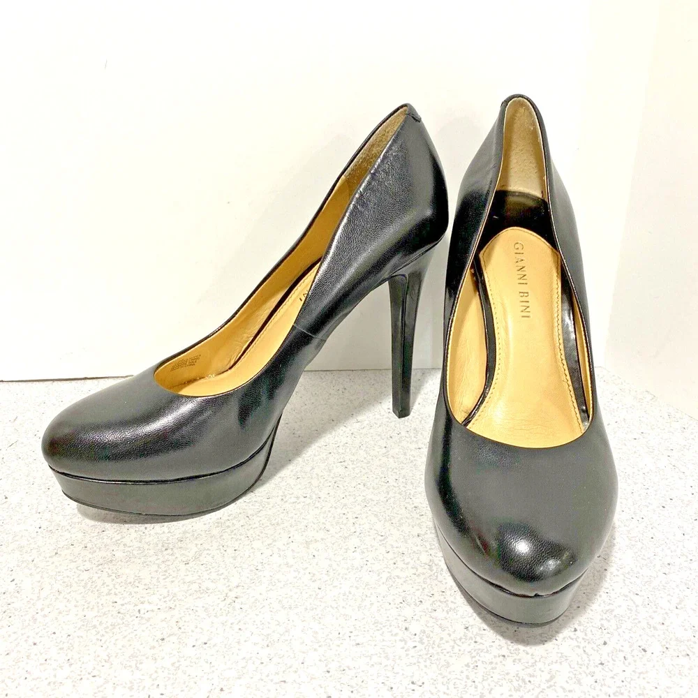 Gianni Bini Black Leather Platform High Heels Pumps Classic Stiletto Shoes 9.5M